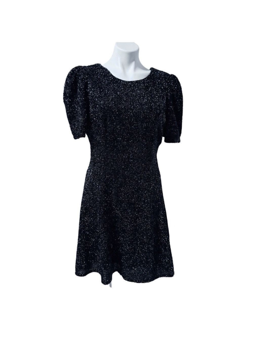 She + Sky Puff Sleeve Fit and Flare Mini Sparkle Little Black Dress LBD - NWT